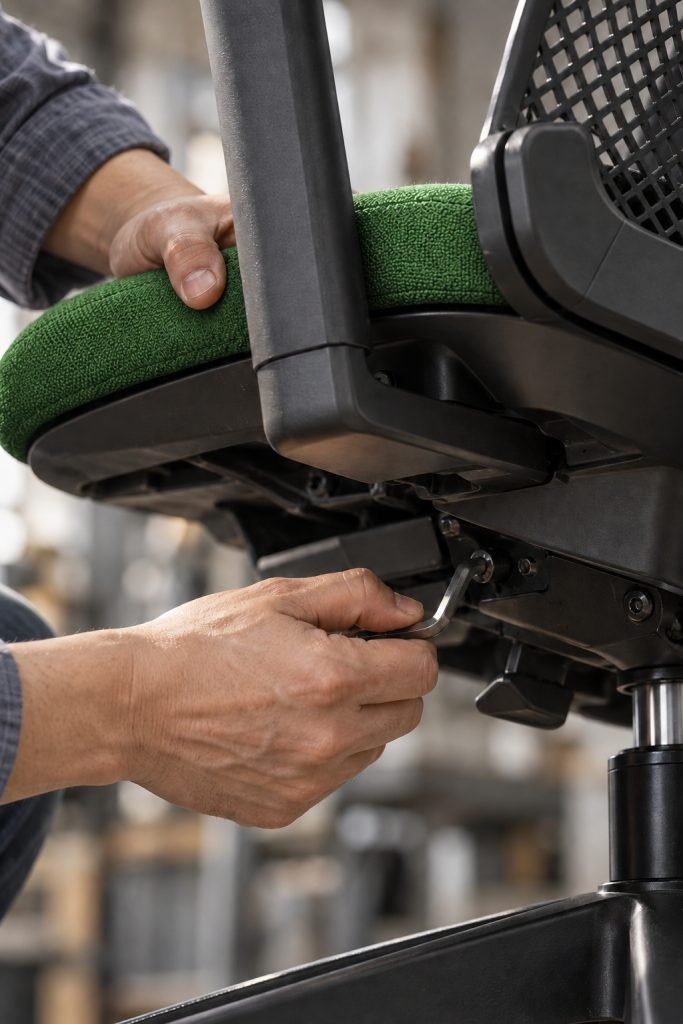 Hands examining the underside and frame connection of a green upholstered chair seat.