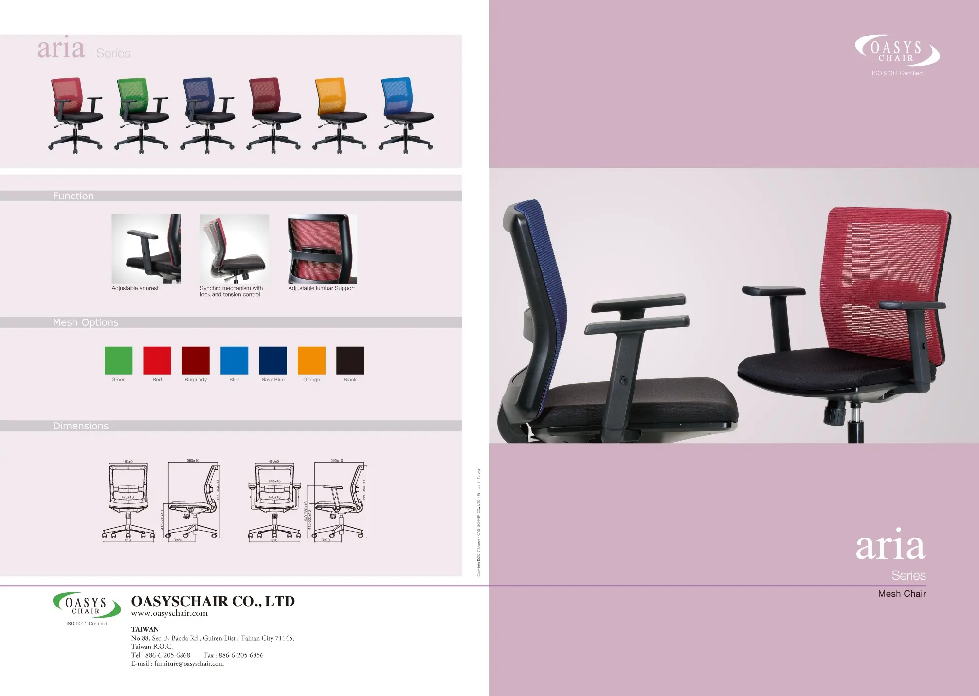Aria product sheet with chair configurations and dimensions