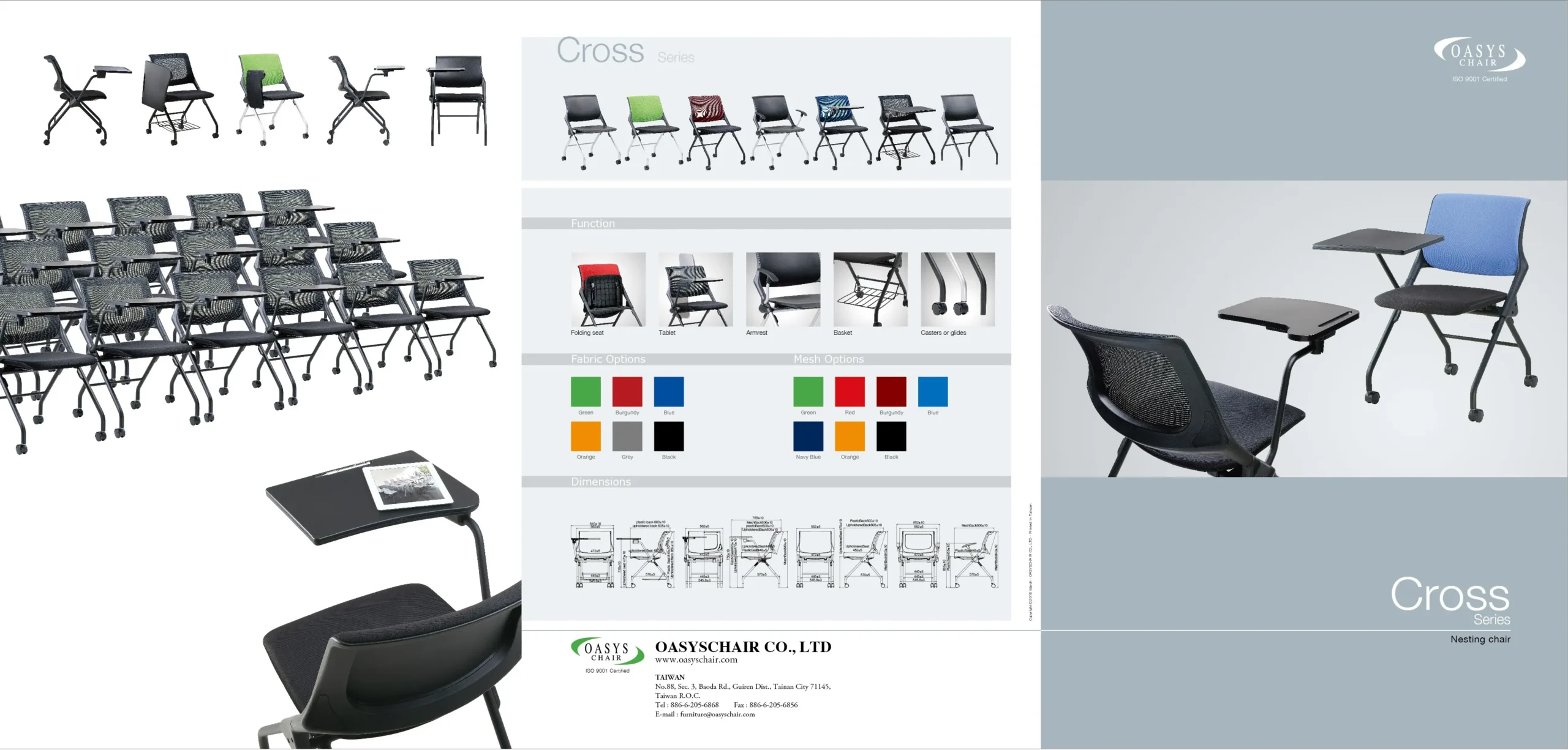Cross product sheet showing nesting chair options and dimensions