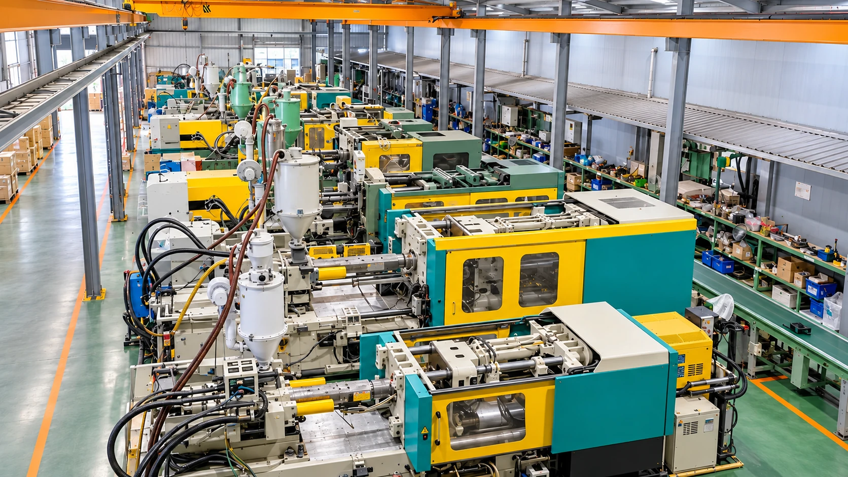 OASYS production hall with injection-moulding machinery and organised factory aisles.
