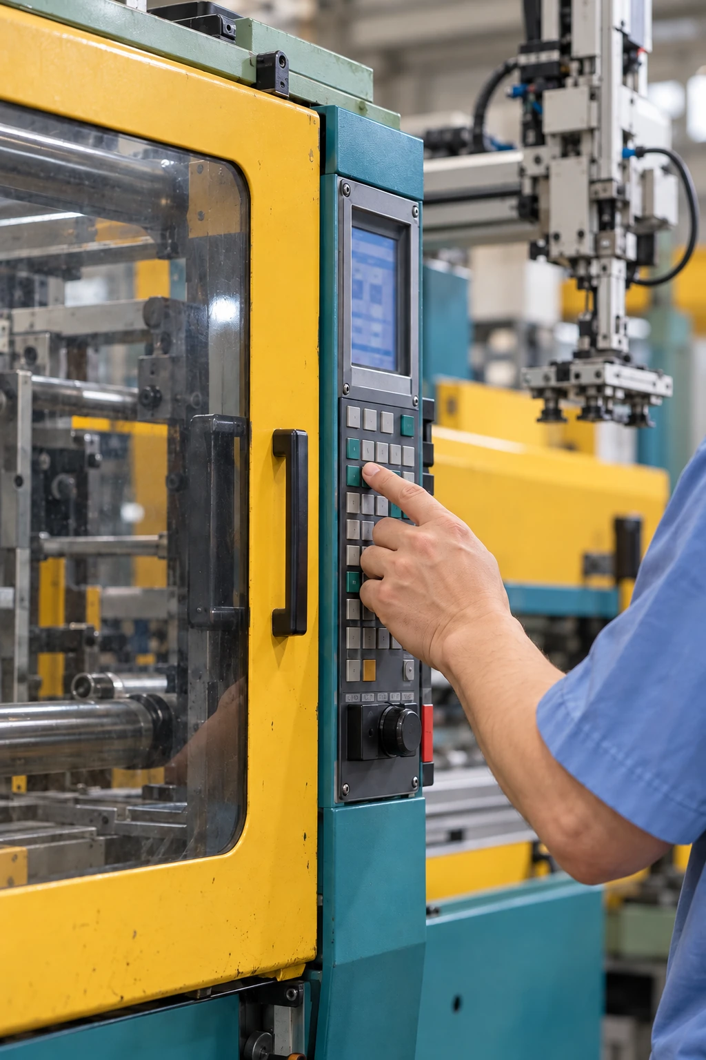 Close-up of an operator using the control panel of an injection-moulding machine.