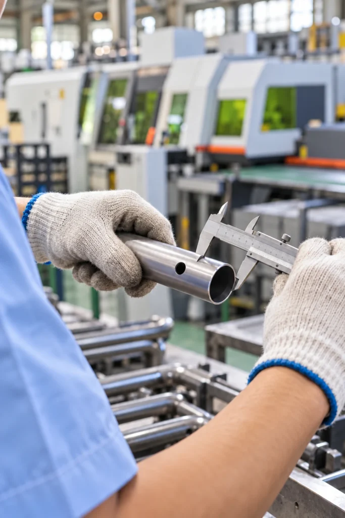 Dimensional inspection of a metal furniture tube using a caliper