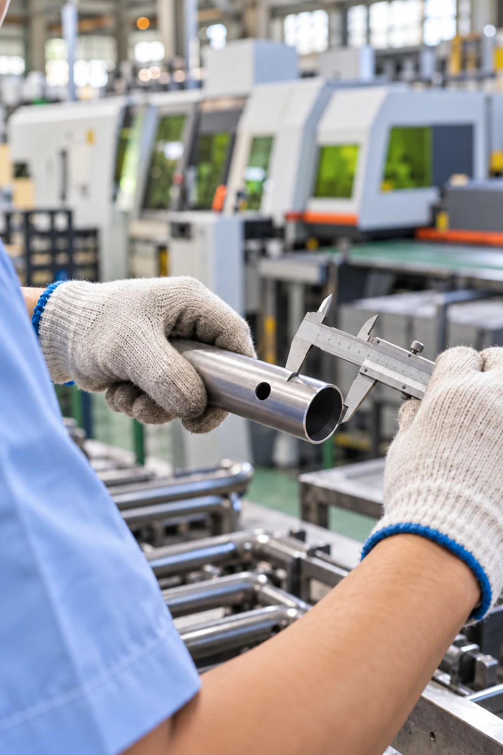 Dimensional inspection of a metal furniture component using measuring equipment.
