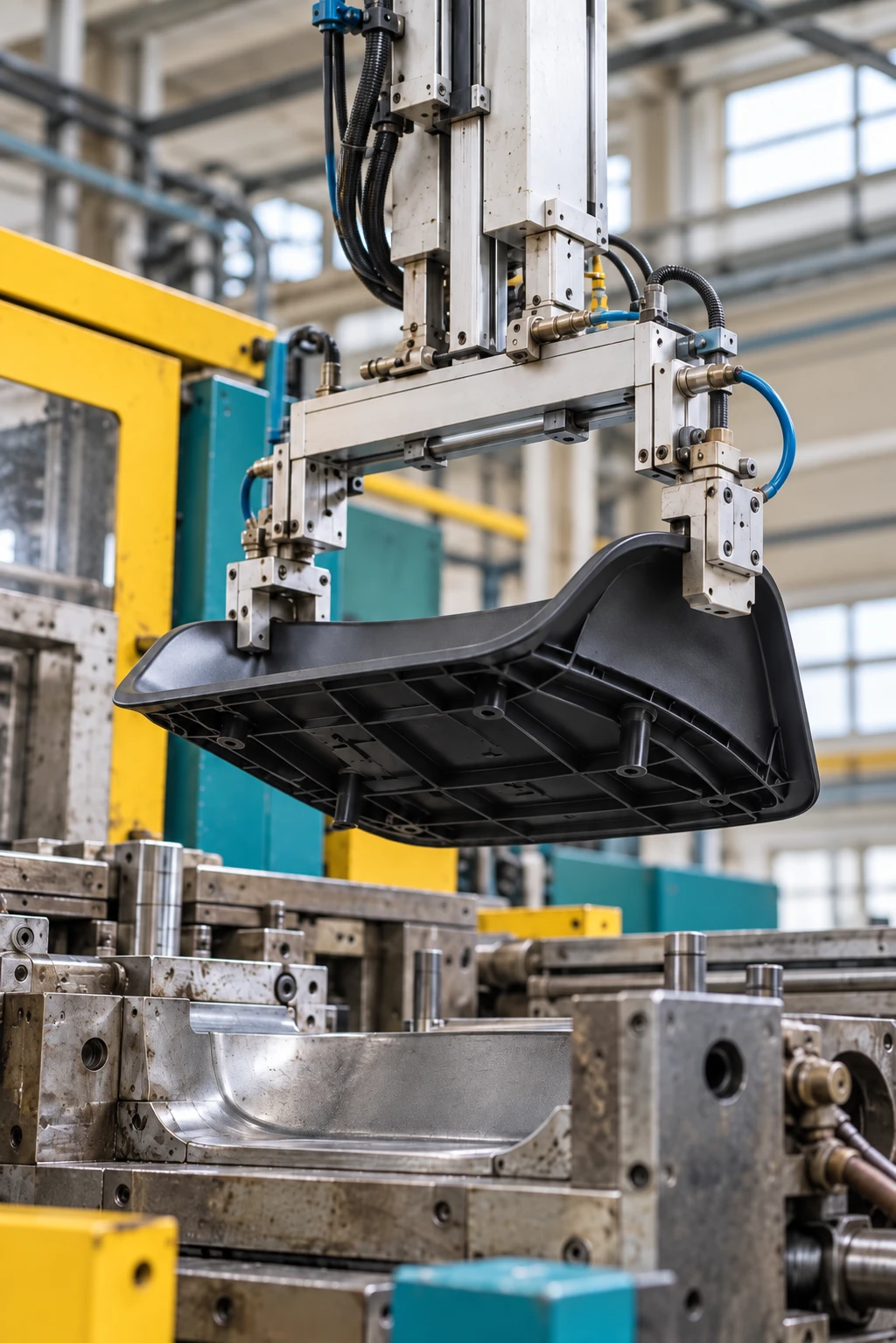 Robotic take-out equipment lifting a moulded black chair component above an injection-moulding tool.
