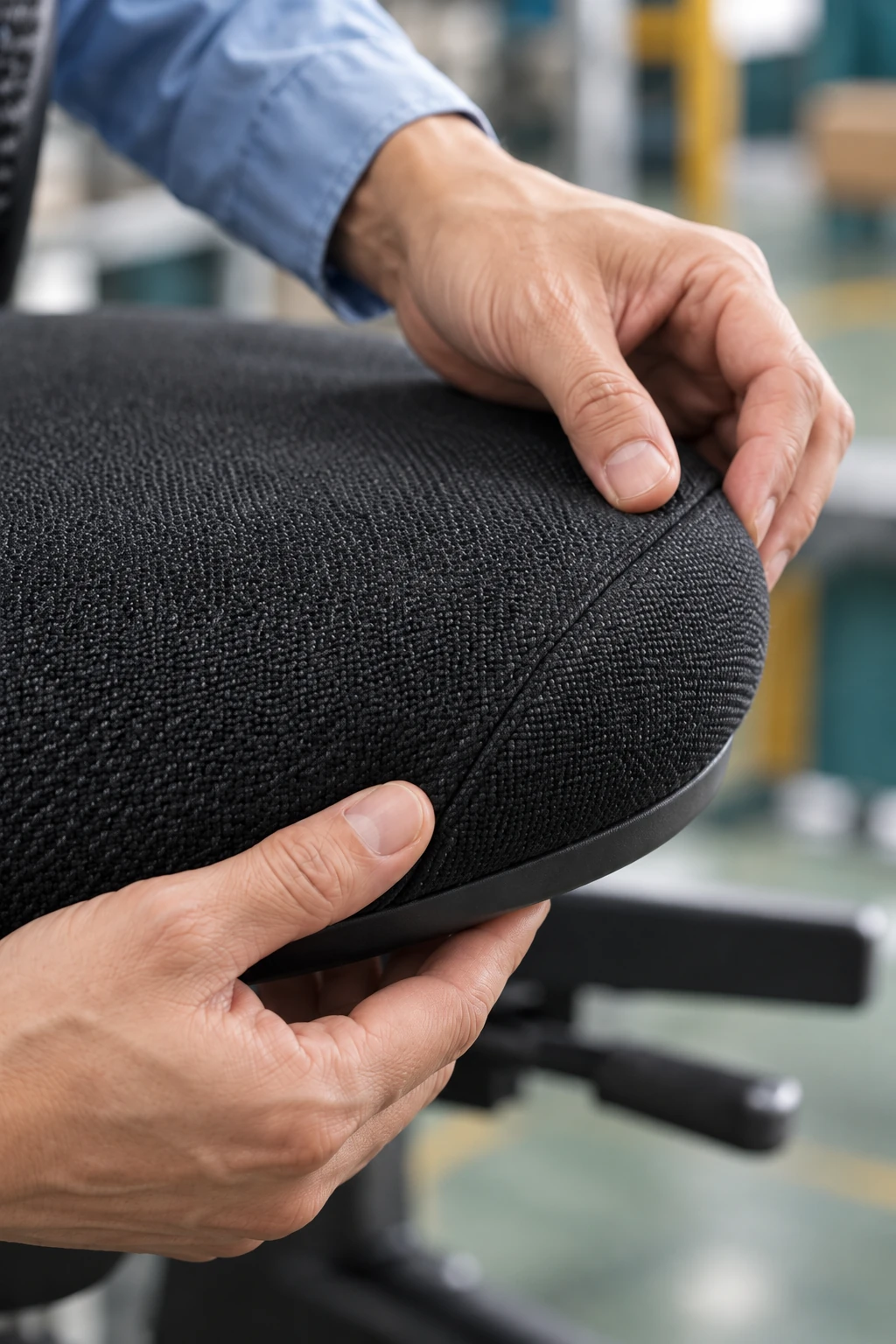 Hands examining the surface, seam and edge of a chair cushion.