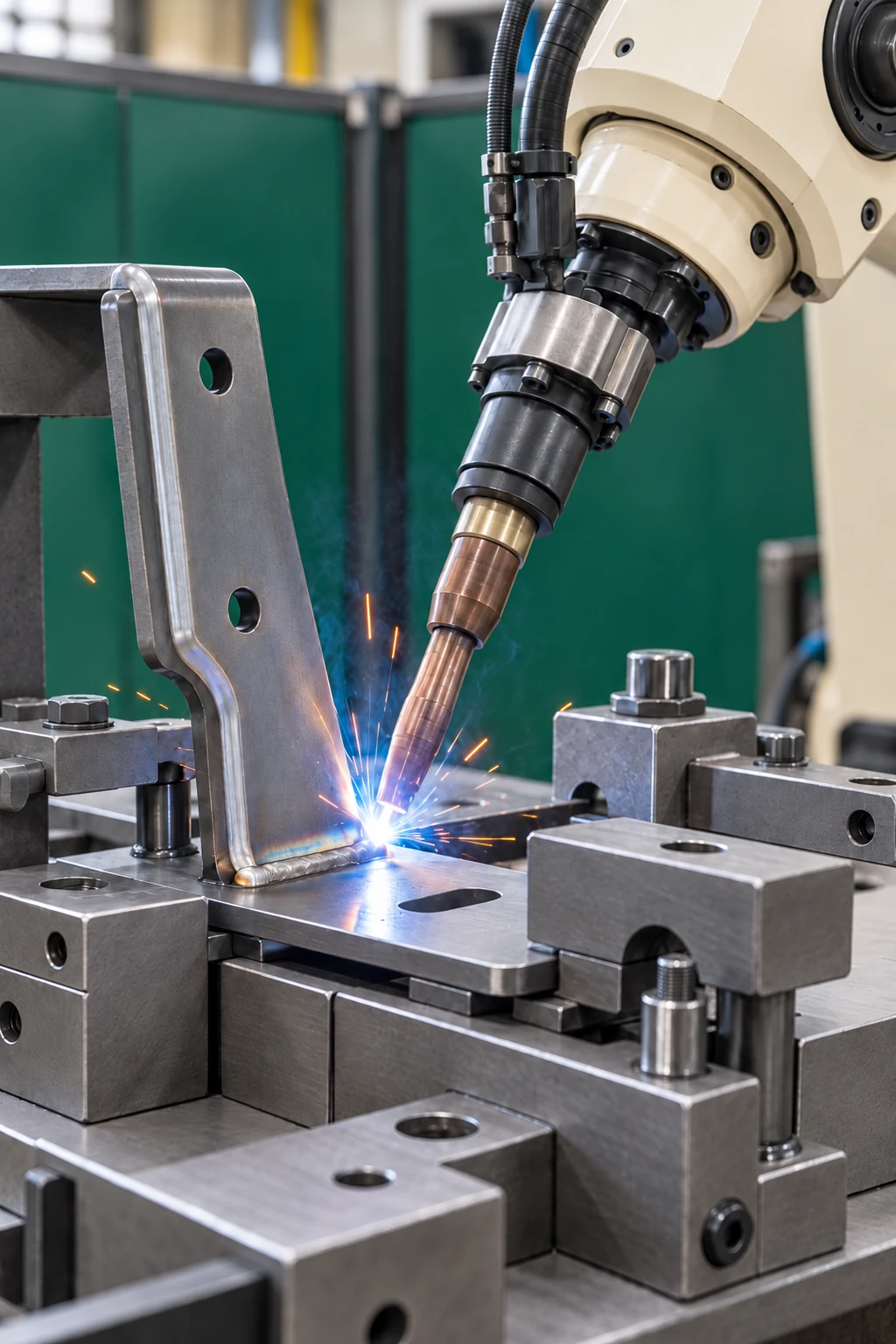 Close-up of a welding torch and fixture used in furniture-frame construction.