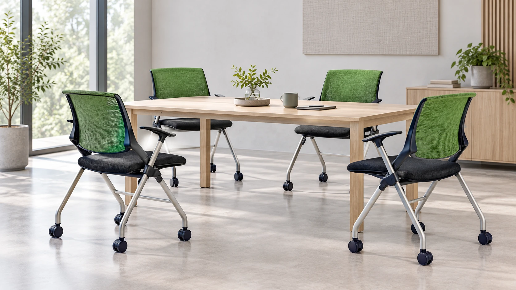 Cross chairs around a meeting table in a space concept.