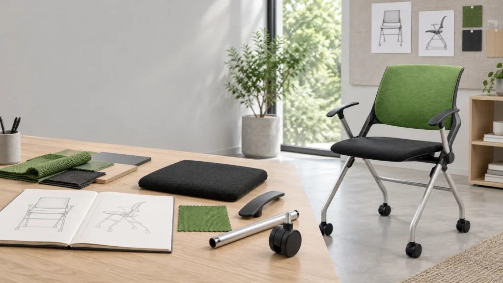 Furniture development concept with a chair, components and material samples