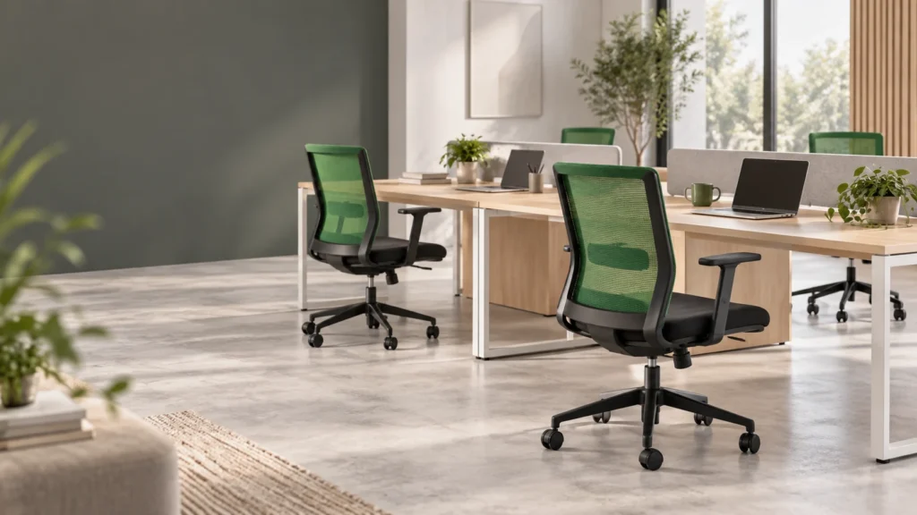 Office workspace concept with mesh task chairs and timber desks