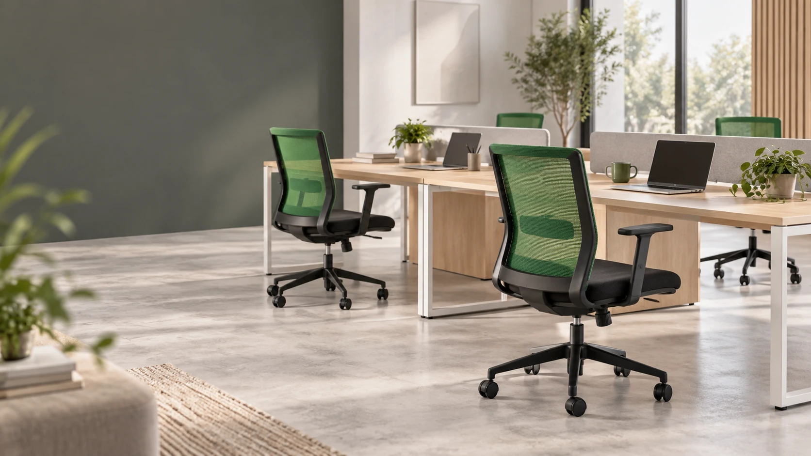 Aria mesh task chairs arranged at office workstations in a space concept.
