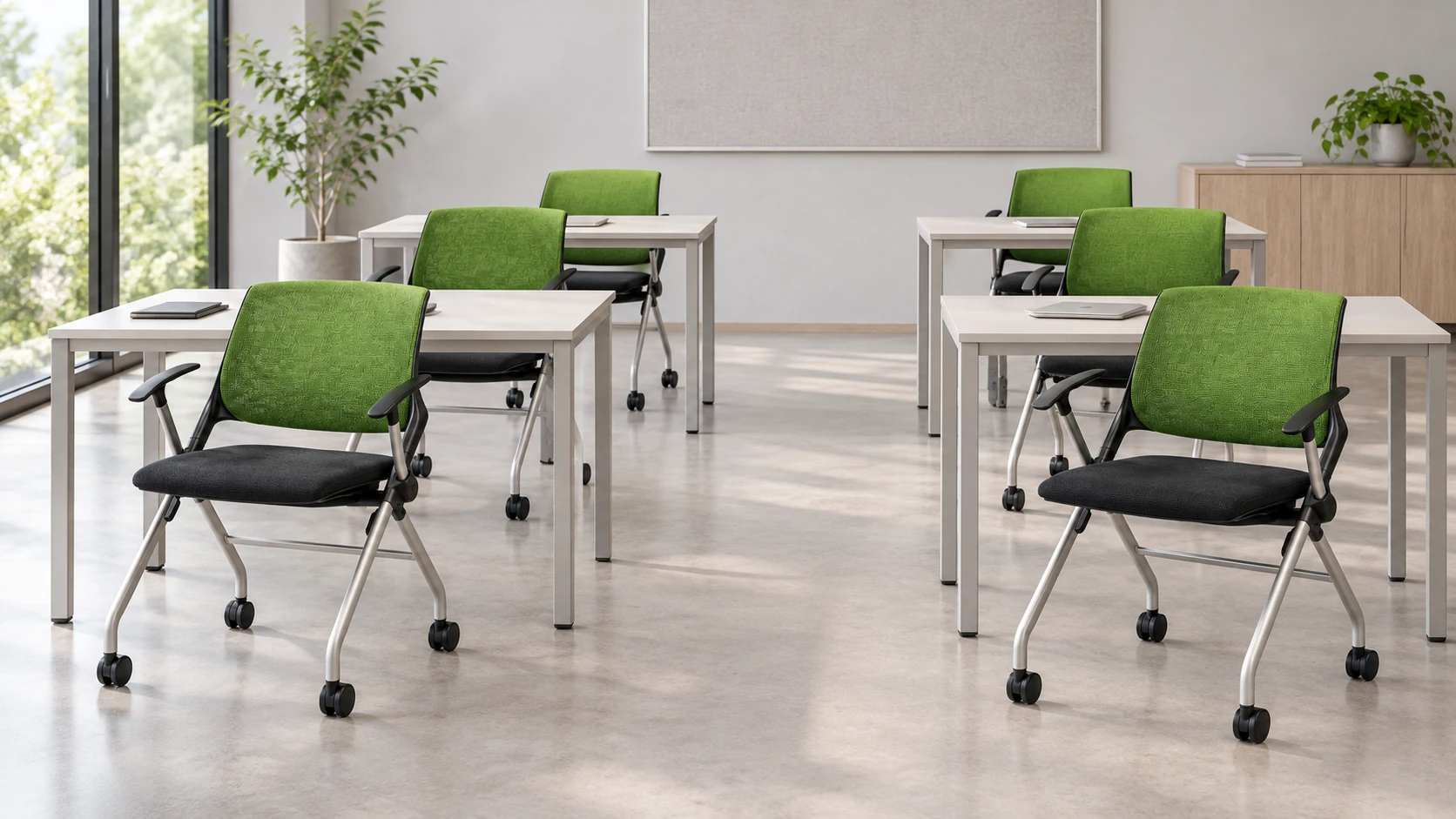 Cross chairs and training tables arranged with a central aisle in a classroom concept.