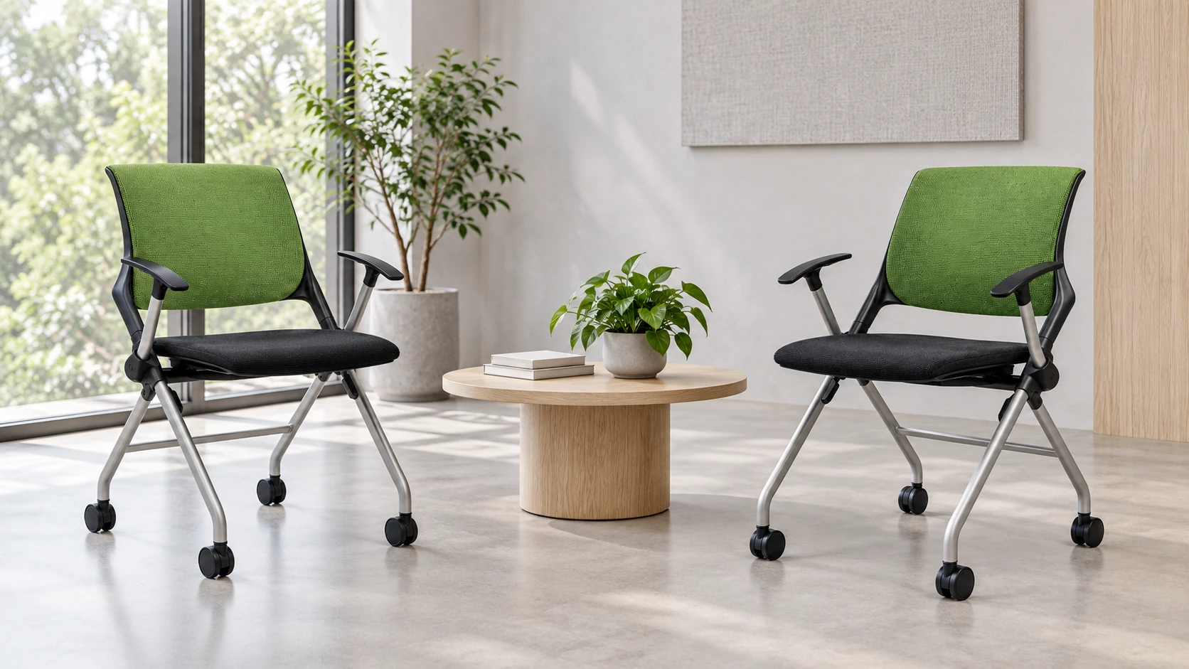 Two Cross chairs and a small table in an office visitor seating concept.