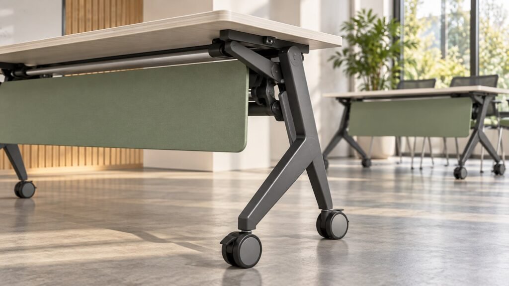 Conceptual mobile-table frame, hinge area and caster detail.