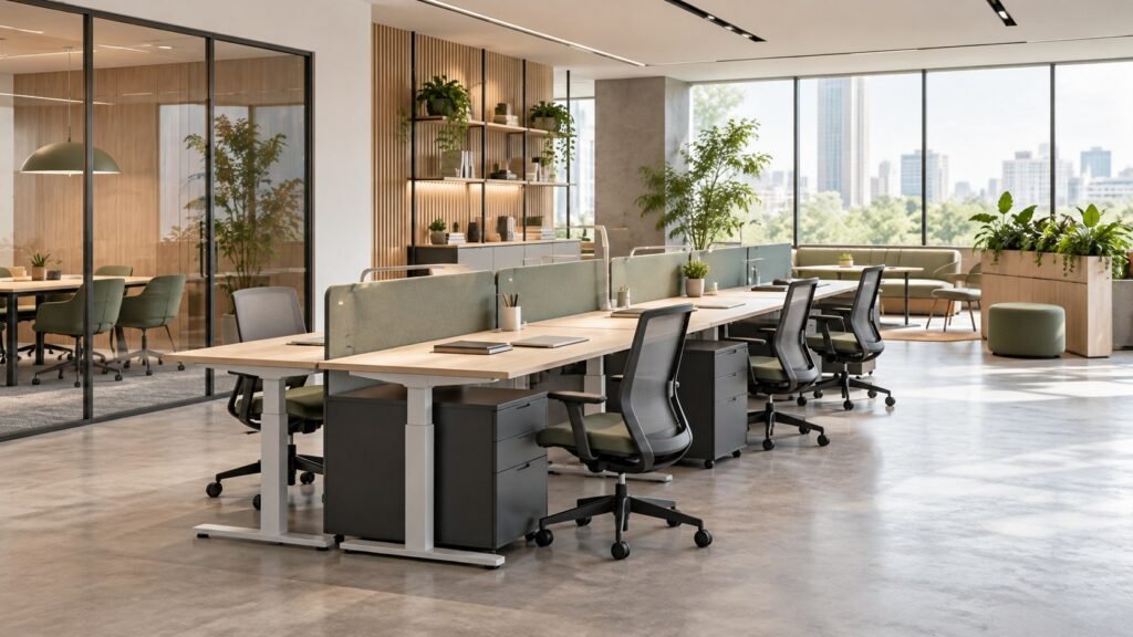 Conceptual shared office with adjustable desks and a fleet of task chairs.