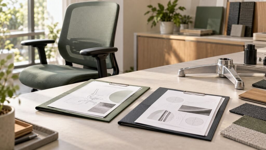 Conceptual management-system and chair-evidence folders beside furniture components.