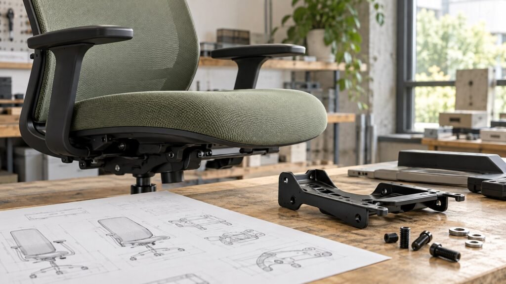 Conceptual chair prototype and seat-support components beside an engineering drawing.