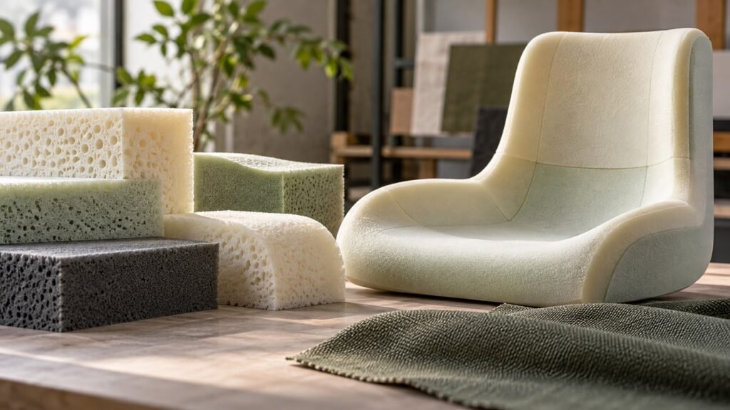 Conceptual upholstery foam samples and an unfinished contoured cushion.