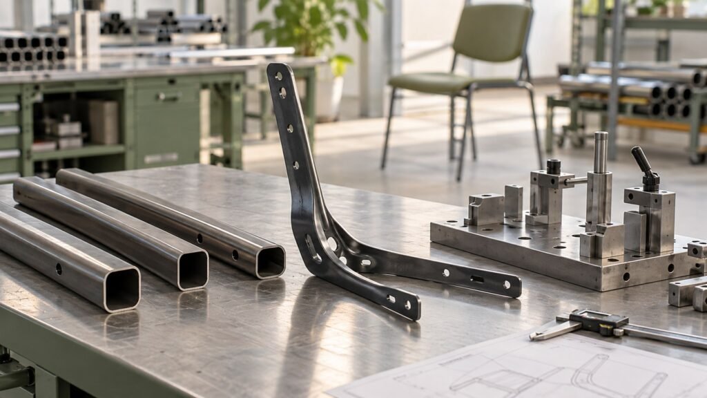Conceptual metal tubes, formed bracket and locating fixture on an inspection bench.