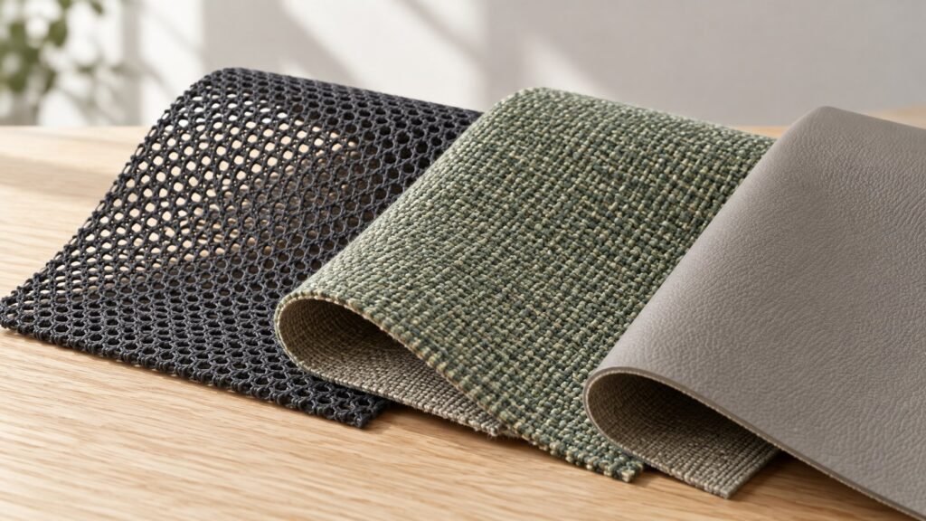Conceptual mesh, woven fabric and PU upholstery samples in a chair material studio.