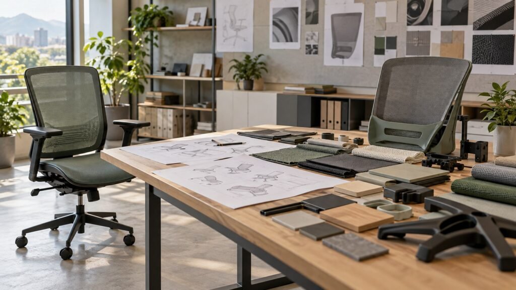 Conceptual office-chair development review with drawing sheets, upholstery samples and prototype parts.