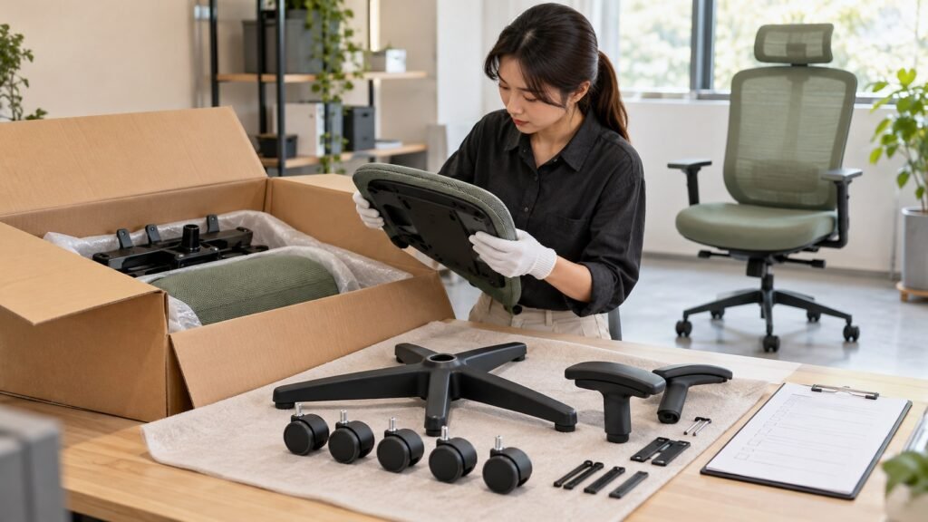 Conceptual inspection of unpacked chair components and an assembled sample.
