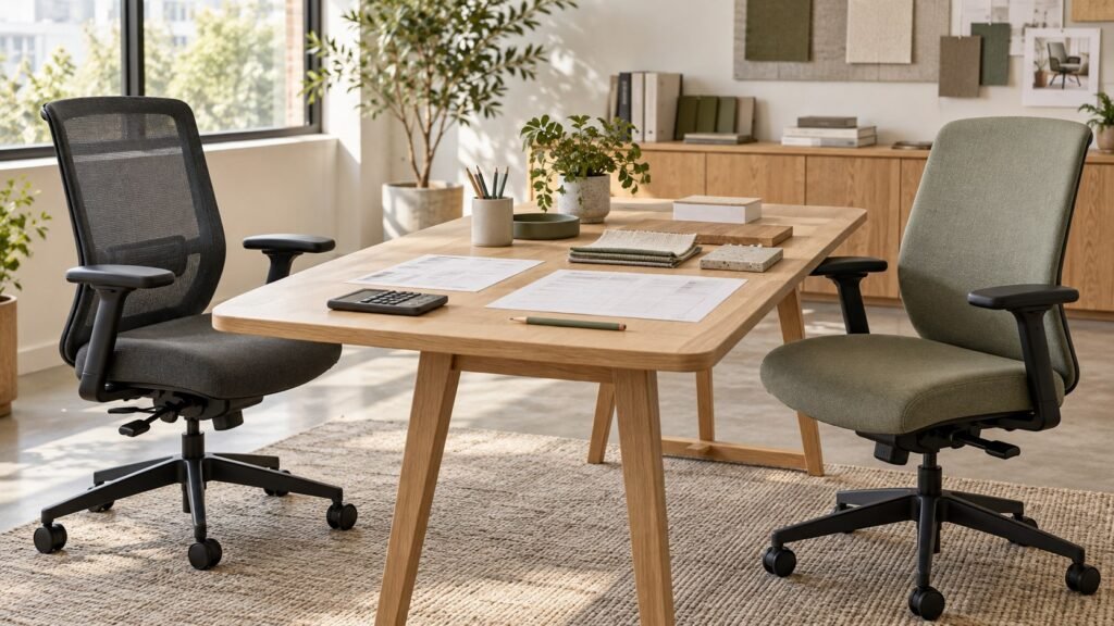 Two conceptual office chairs and material samples on a sourcing review table.