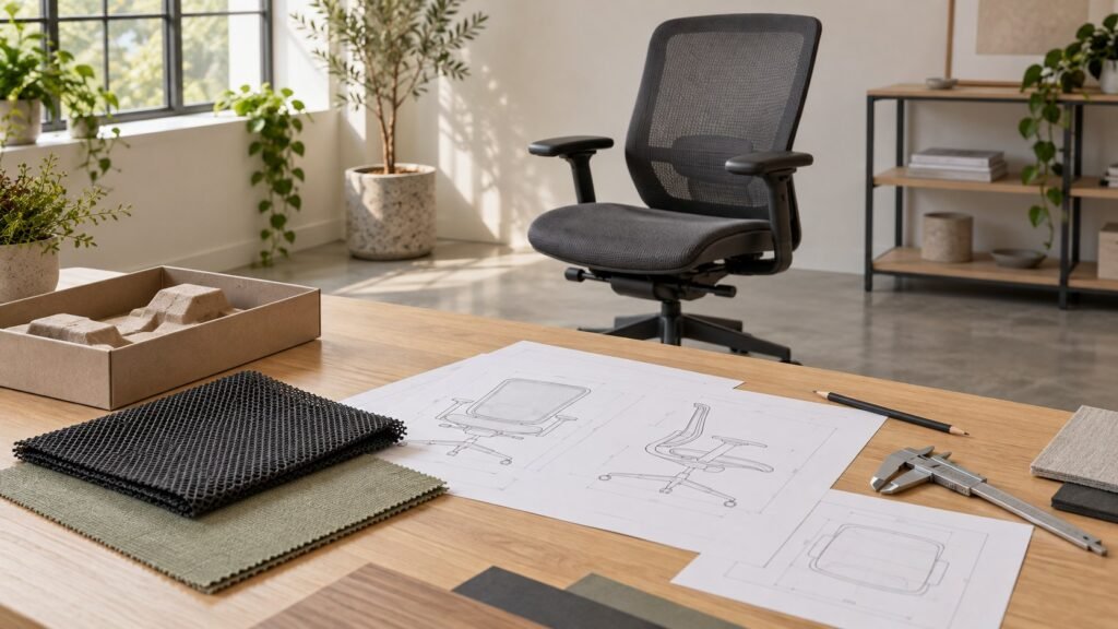 Illustrative chair specification review with mesh, fabric, drawing sheets and packaging samples.
