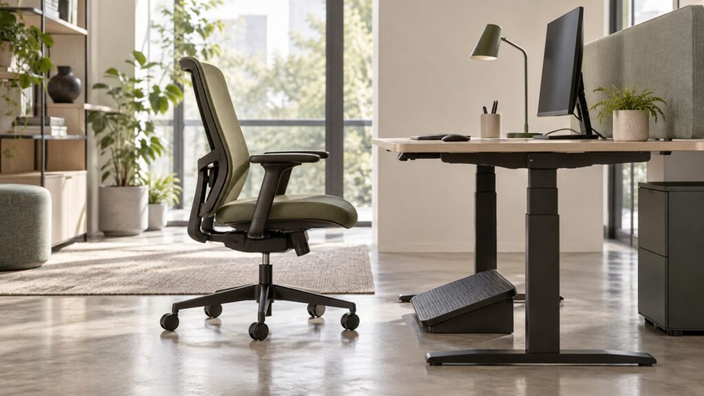 Conceptual side view of a task chair at an adjustable desk with a footrest.