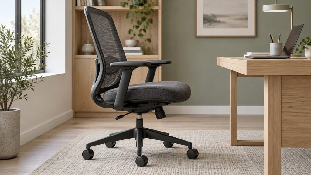 Illustrative side view of a mesh task chair with under-seat adjustment controls.