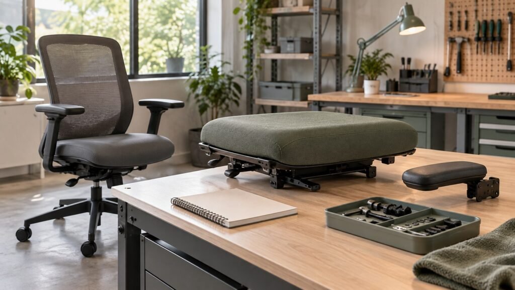 Conceptual chair service review with a replacement seat, arm pad and parts.