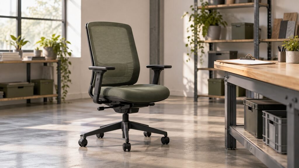 Conceptual complete task chair in an unbranded product-review studio.