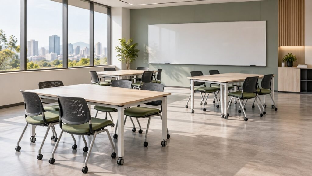 Conceptual training room with mobile tables and chairs arranged for group work.