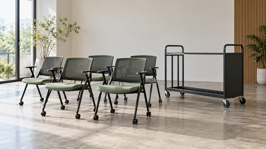 Conceptual compact training chairs and a storage trolley in a planning space.