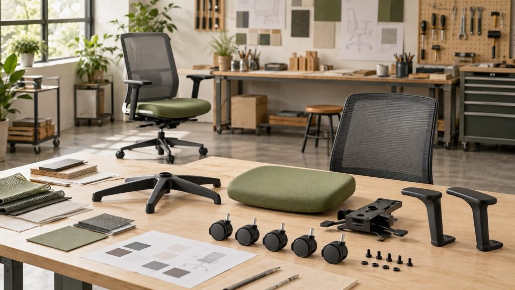 Conceptual chair components laid out for repair and material-evidence review.