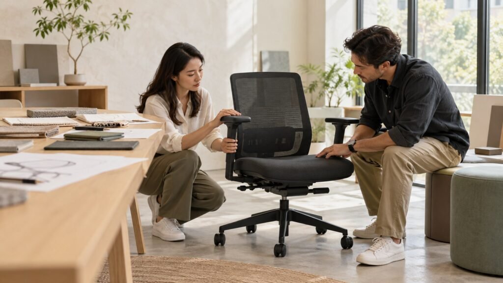 Illustrative sample review of an unbranded mesh office chair in a furniture design studio.