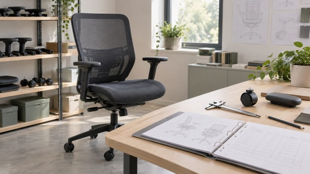 Conceptual office chair and test report documents prepared for a buyer review.